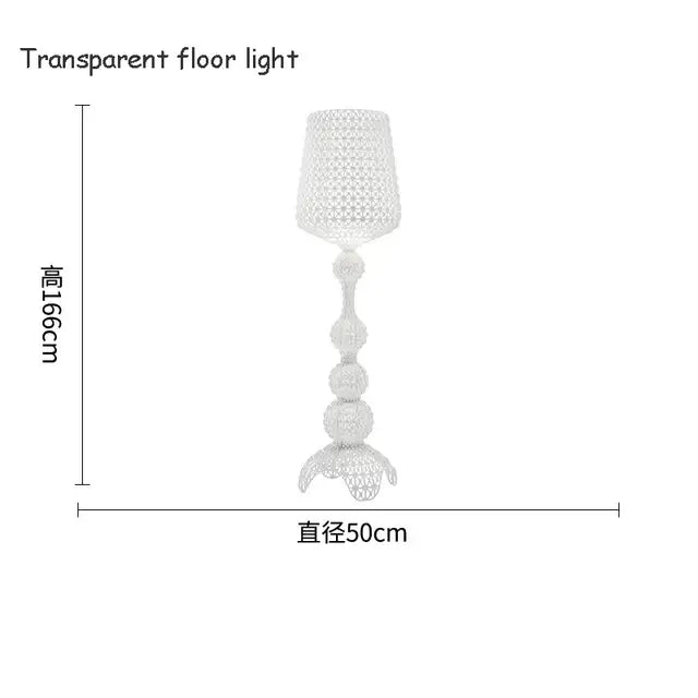 White transparent floor lamp with intricate lattice design and tiered spherical base decorbites acrylic kabuki model