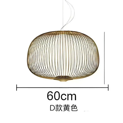 A golden oval-shaped pendant light with woven wireframe and polished chrome finish 60cm diameter for dining room