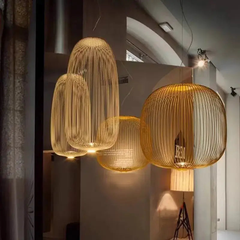 Warm-toned woven bamboo pendant light with polished chrome finish and modern organic design for dining room use