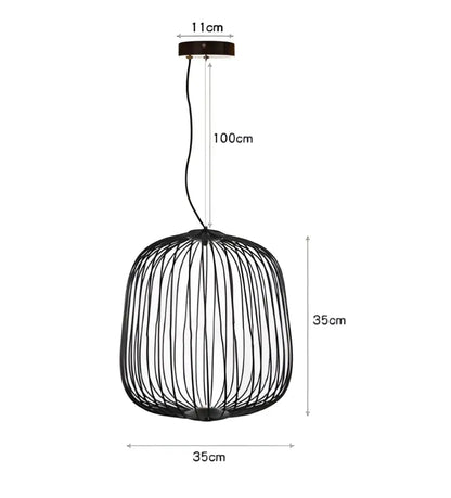 Black wire pendant light with cylindrical cage design and polished chrome finish for dining room use