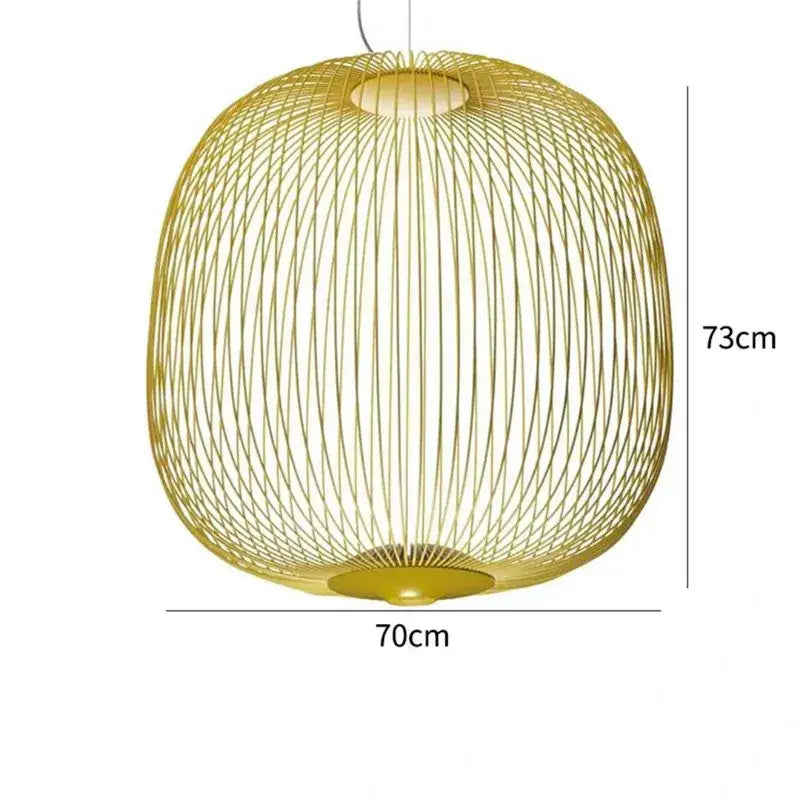 Golden woven wireframe pendant light with spherical cage design and polished chrome finish for dining room use