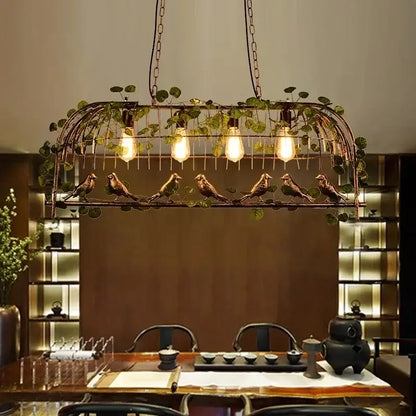 Antique bronze wrought iron decorbites birdcage pendant lights with woven frame green vines and four exposed bulbs