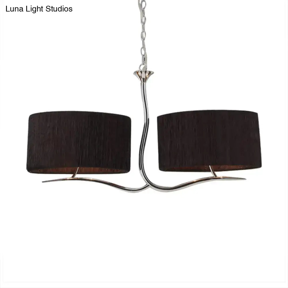 Modern two-light pendant light with wrought iron black frame and dark brown fabric shades for dining room e26 e27 bulbs