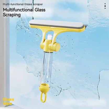 Yellow 4-in-1 window cleaning brush with squeegee featuring a clear water reservoir and white sponge head for window cleaning
