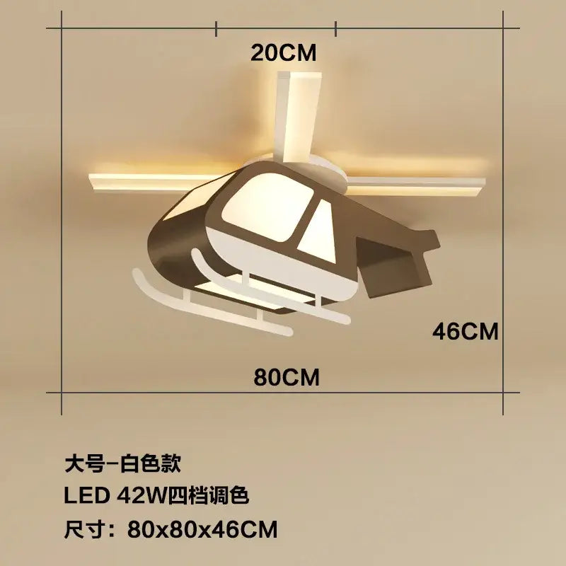 A modern white ceiling light shaped like a sleek helicopter with illuminated rotor blades for children room decorbites cartoon helicopter
