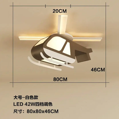 A modern white ceiling light shaped like a sleek helicopter with illuminated rotor blades for children room decorbites cartoon helicopter