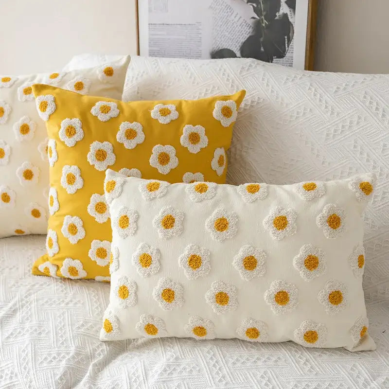 Yellow and cream pillow cover with textured daisy floral embroidery by decorbites for living room decor