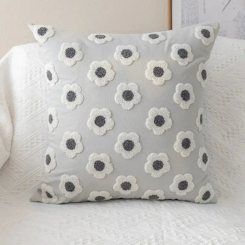 Gray cushion pillow cover with embroidered white and gray daisy floral embroidery for living room decorbites daisy floral