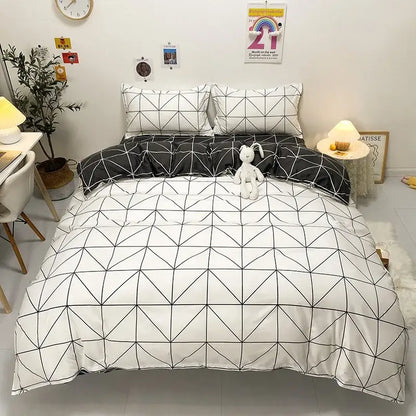 White duvet cover with black geometric line pattern in yellow and light blue carrot cartoon printed bedding set decorbites cartoon printed