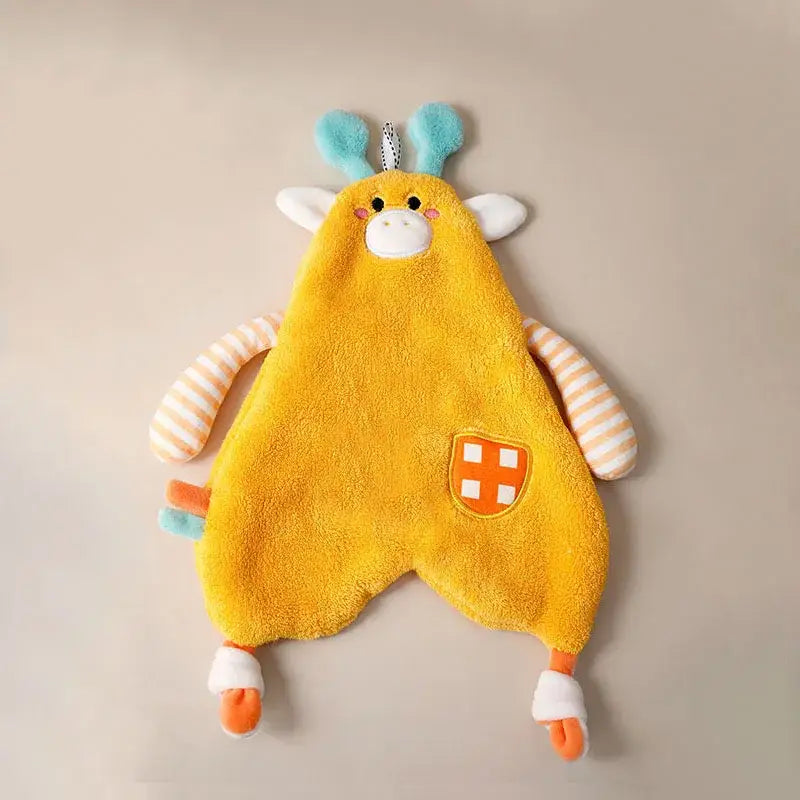 Yellow plush giraffe cartoon animal hand towel with striped limbs and shield patch for decorbites cartoon animal decor