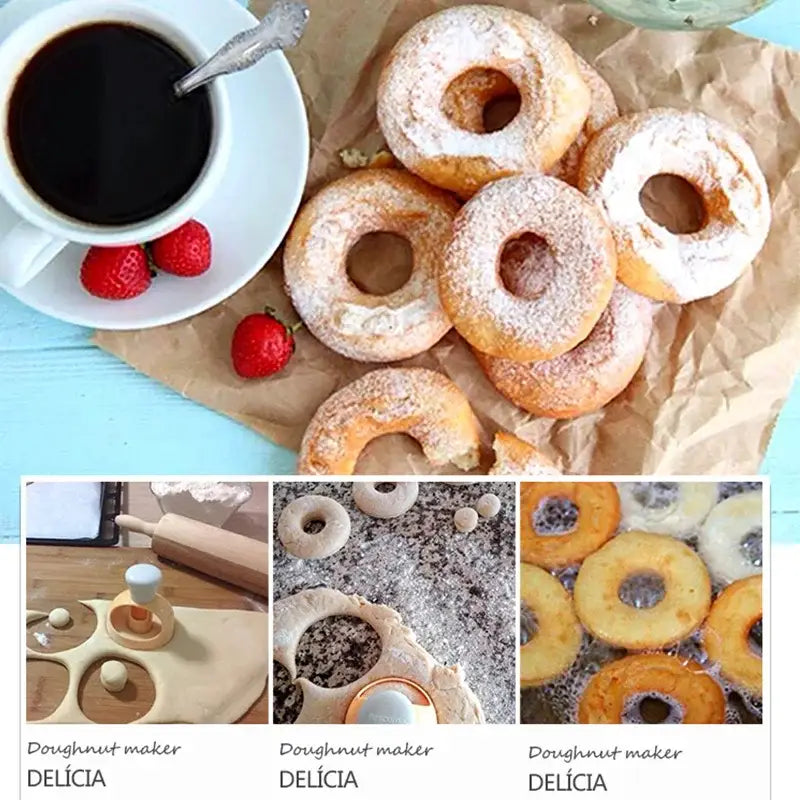 Yellow and white donut cutter baking tools kit with golden-brown glazed donuts on parchment paper for baking tools use