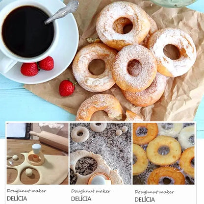 Yellow and white donut cutter baking tools kit with golden-brown glazed donuts on parchment paper for baking tools use