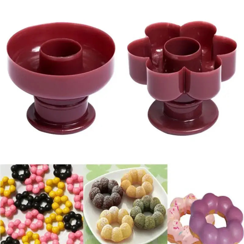 Maroon plastic donut cutter with flower and round molds included in a yellow and white baking tools kit