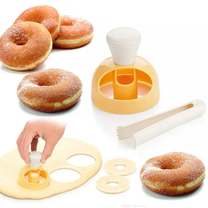 Yellow plastic donut cutter with white handle and matching spatula baking tools kit for kitchen use