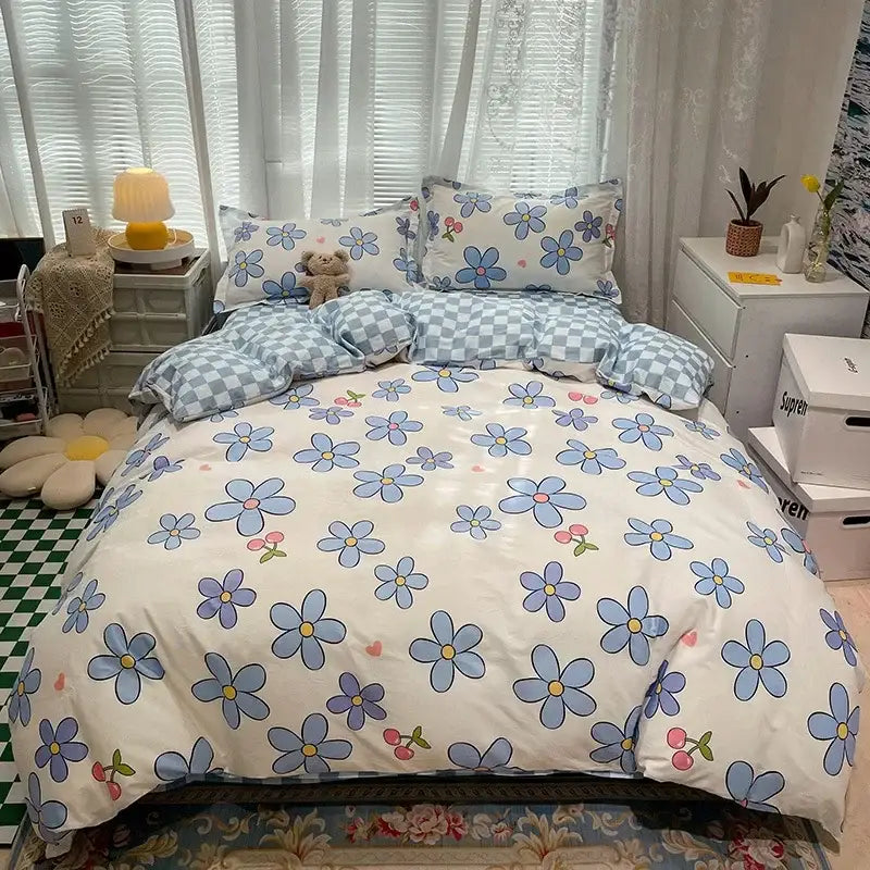 Cute blue floral patterned bedding set with checkered accent featuring decorbites flowers print cotton material