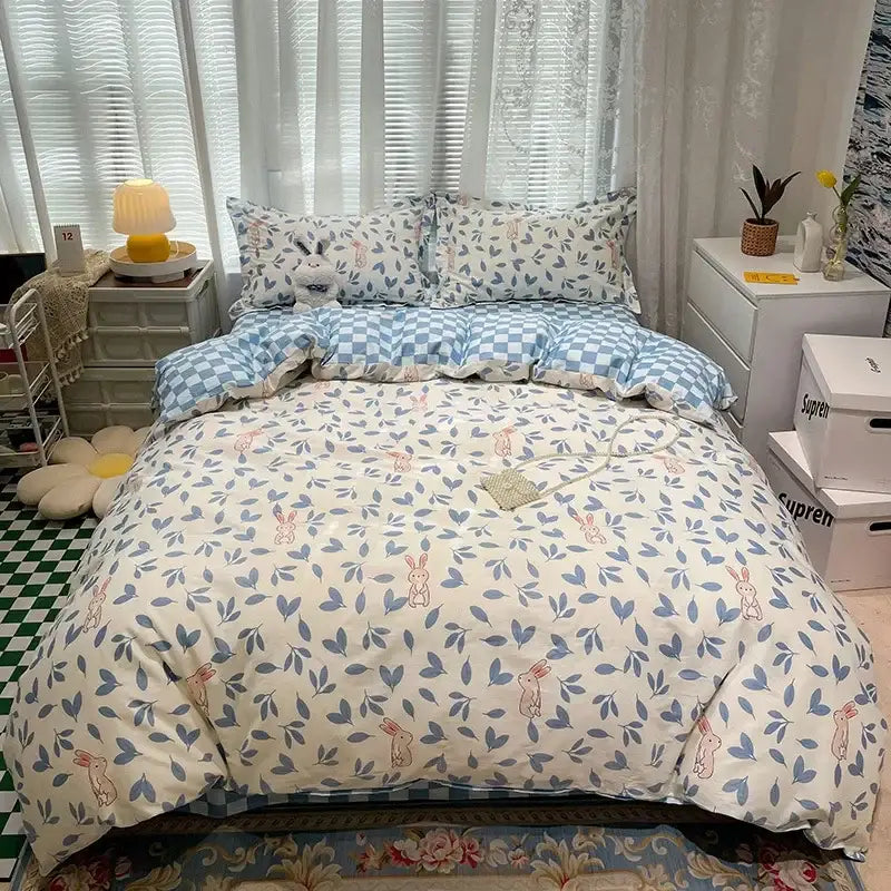 Blue and white bunny-themed bedding set with soft patterned fabric featuring decorbites flowers print cotton design