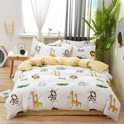 White duvet cover with playful cartoon animals in yellow brown gray and green as part of decorbites flowers print cotton bedding set