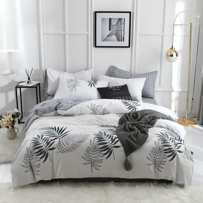 White duvet cover with black and gray palm leaf patterns in yellow and white flowers print cotton bedding set decorbites flowers print