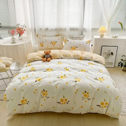 Cream-colored flowers print cotton bedding set with delicate yellow floral pattern for decorbites bedroom decor
