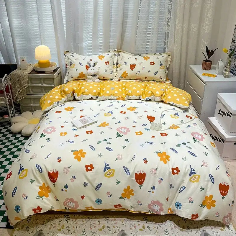 Yellow and white flowers print cotton bedding set with floral pattern and matching bunny decor pillow sham