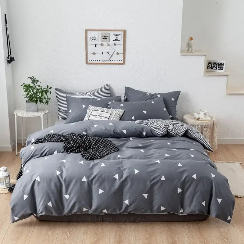 Gray duvet cover with white triangular patterns from yellow and white flowers print cotton bedding set by decorbites