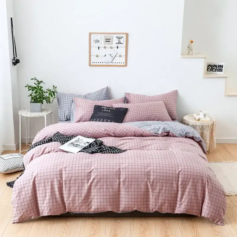 Pink and black checkered duvet cover set with matching pillowcases for yellow and white flowers print cotton bedding set decorbites flowers print