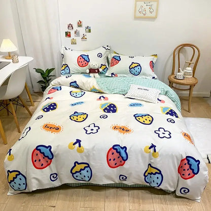White duvet cover with colorful cartoon strawberries cherries and flowers on flowers print cotton bedding set decorbites