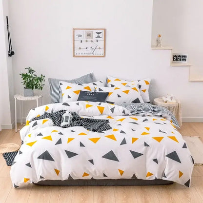 White duvet cover with modern yellow and black triangle pattern in yellow and white flowers print cotton bedding set decorbites flowers print