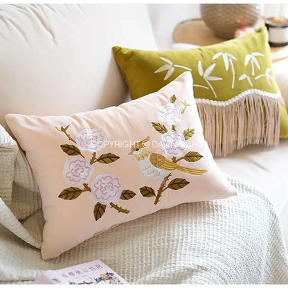 Beige rectangular yellow bamboo velvet throw pillow cover with embroidered white flowers green leaves and yellow bird