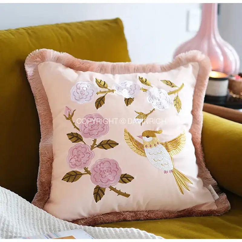 Yellow bamboo velvet throw pillow cover in soft peach with floral embroidery and gold thread accents for bedroom decor