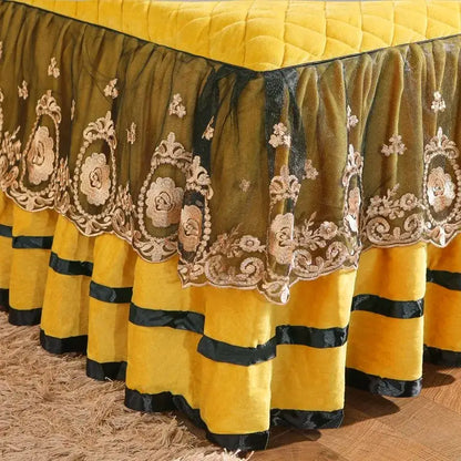 Yellow velvet bed skirt with black satin stripes and gold embroidery in decorbites crystal velvet bedspread set