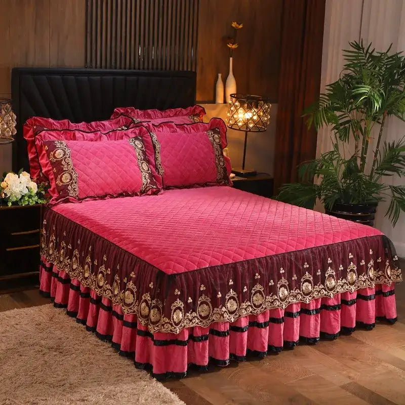 Pink and burgundy quilted bed skirt with gold embroidery and ruffled edges for decorbites crystal velvet bedspread set