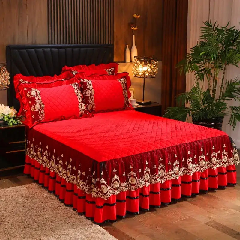 Red quilted bed skirt with gold and black embroidery in decorbites crystal velvet bedspread set for elegant bedroom decor