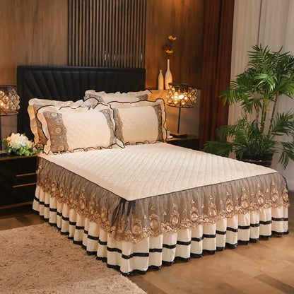 Cream and gold embroidered bed skirt with ruffled tiers and black trim in decorbites crystal velvet bedspread set