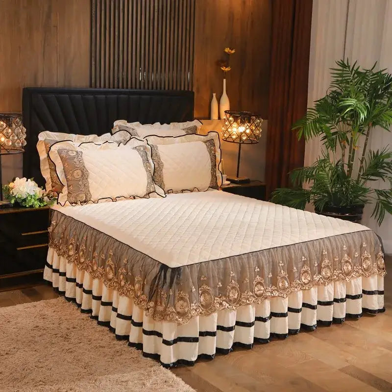 Cream and gold embroidered bed skirt with ruffled tiers and black trim in decorbites crystal velvet bedspread set