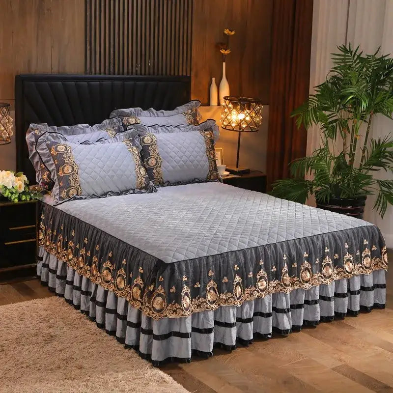 Luxurious gray quilted bed skirt with ornate gold embroidery and ruffled tiers for decorbites crystal velvet bedspread set