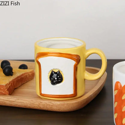 Yellow bread pattern ceramic cat mug shaped like toast with a black cat inside pattern ceramic cup for kitchen use