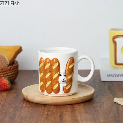 White ceramic bread pattern ceramic mug with 3d golden-brown baguettes and a white cat for kitchen use
