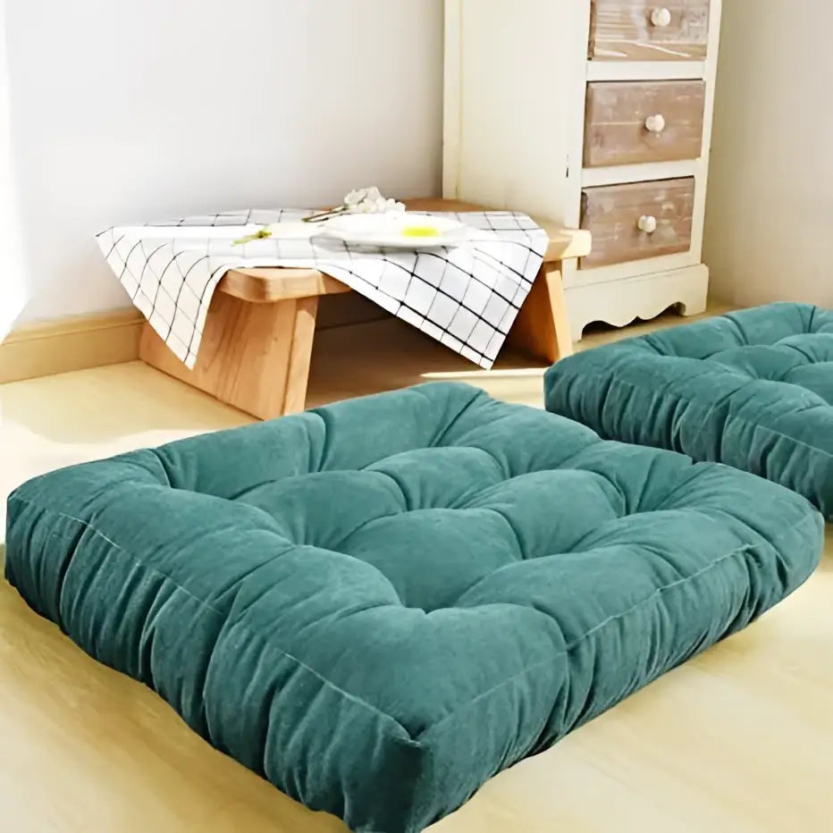 Teal corduroy square floor pillow with tufted design for living room meditation by decorbites inyahome square floor