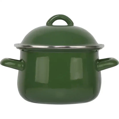 Green enamel cooking pot with lid and silver rim featuring side handles as an enamel stock pot for kitchen use