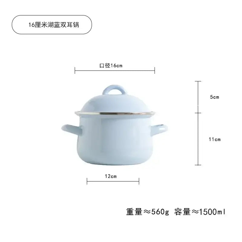 Light blue enamel stock pot with lid, two side handles, and silver rim, ideal as a cooking pot for kitchen use