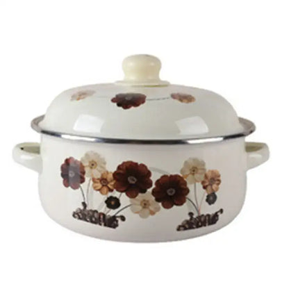 White enamel cooking pot with floral pattern and lid two handles enamel stock pot for kitchen use