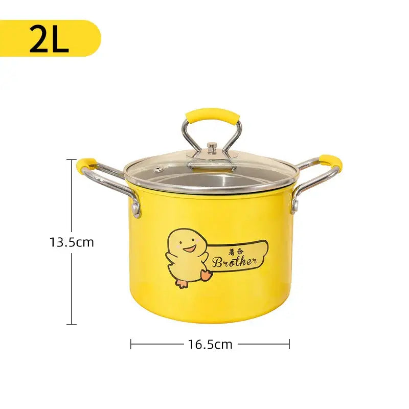 Yellow enamel deep fryer with glass lid featuring stainless steel handles and base and a cheerful cartoon duck decorbites deep fryer
