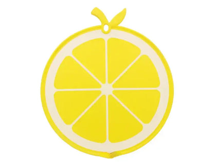 Yellow fruit shape silicone chopping board with white segmented interior and small stem loop for kitchen decorbites fruit shape