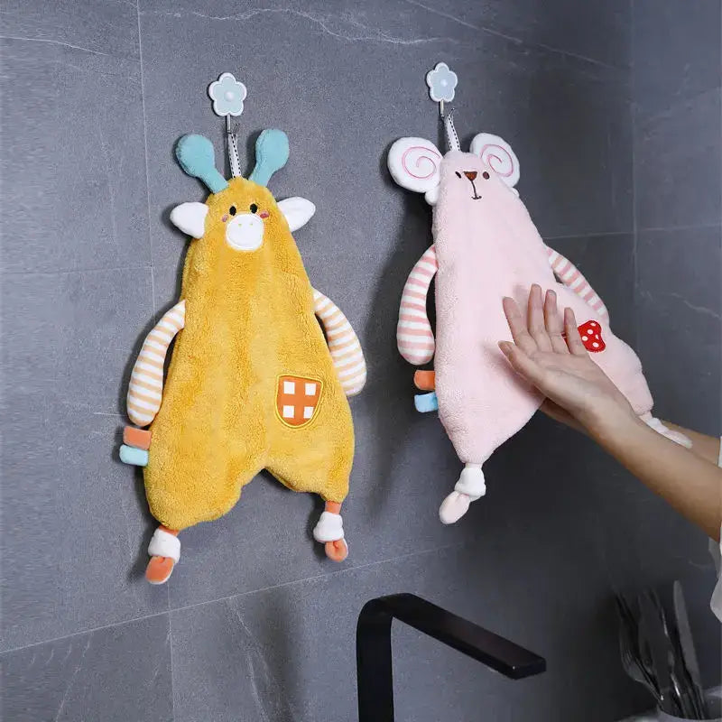 Yellow plush giraffe cartoon animals hand towel with striped limbs and checkered patch for bathroom and kitchen decorbites