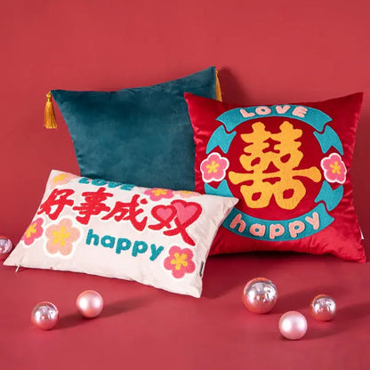 Red velvet cushion cover with yellow good fortune embroidered chinese character and floral decorbites good fortune design