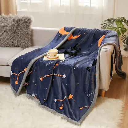 Navy blue plush cartoon flannel blanket with starry night design and gray embroidered border by decorbites cartoon flannel