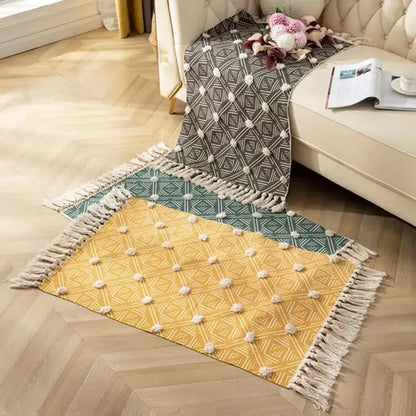 Yellow and green geometric floor mat with white tassels decorbites handmade nordic 3d tassel for living room decor