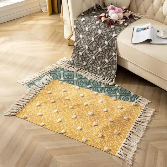 Yellow and green geometric floor mat with white tassels decorbites handmade nordic 3d tassel for living room decor
