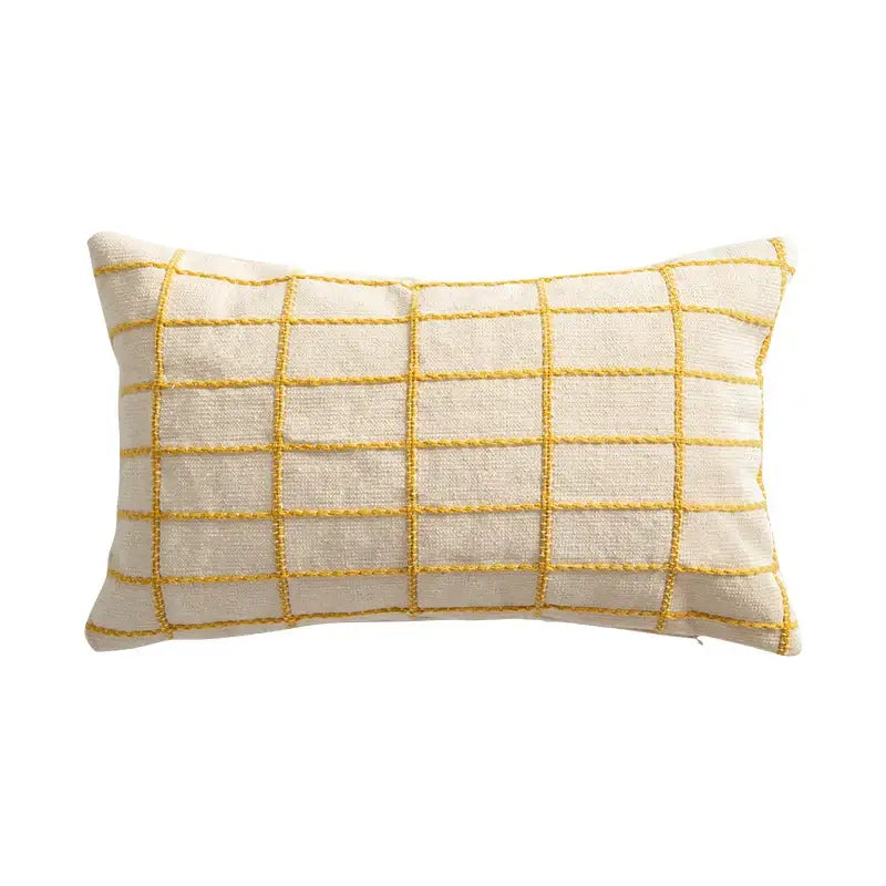 Cream-colored cotton woven check cushion cover with mustard-yellow embroidered grid pattern for living room decorbites decor